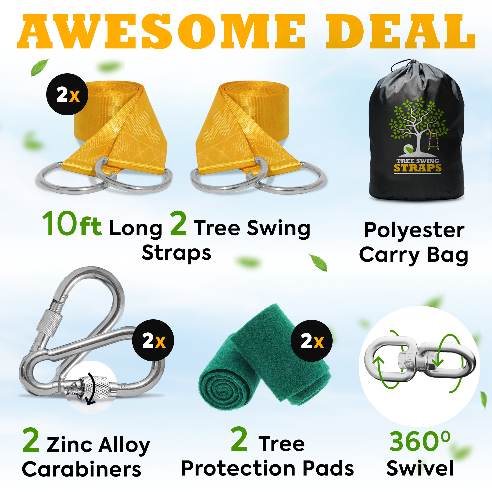Tree Swing Hanging Kit – 10ft Straps with Carabiners, 2000 lb Capacity